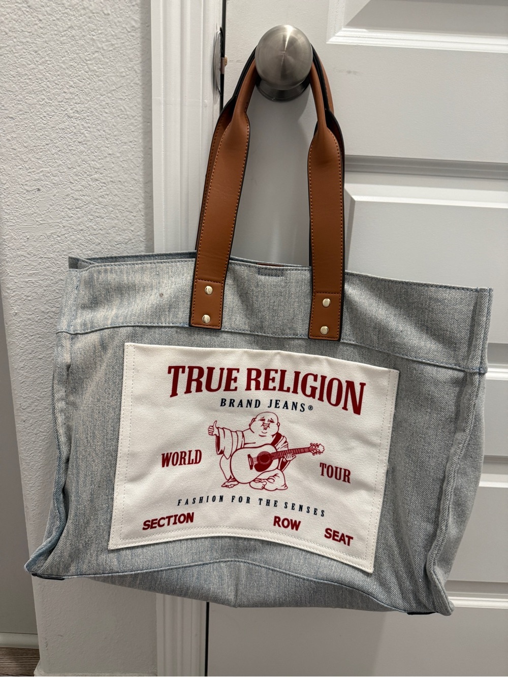True Religion Men's Grey Denim Tote with Brown Leather Handles